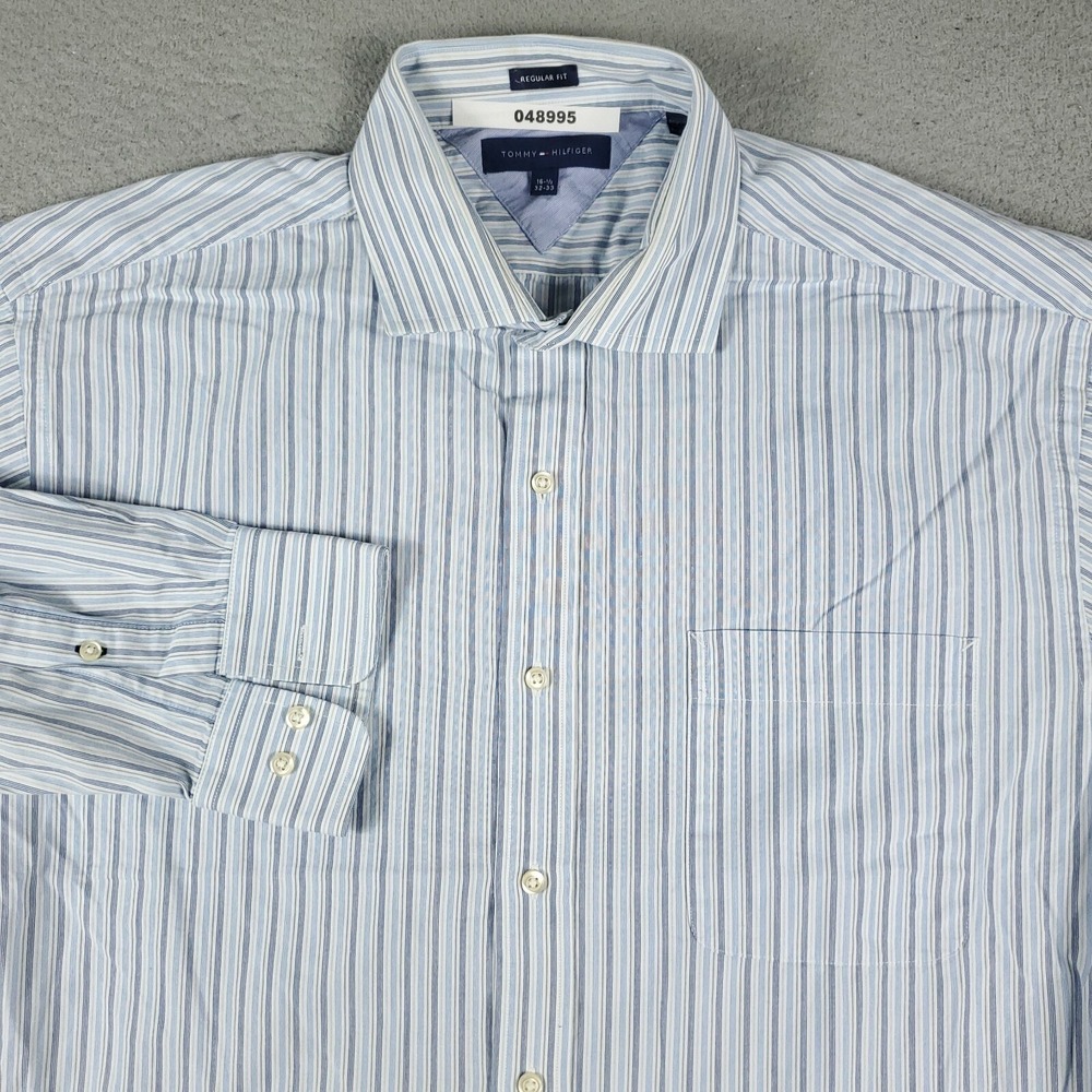 Tommy Hilfiger Shirt Mens 16.5 Blue Striped Dress Button Up Long Sleeve *